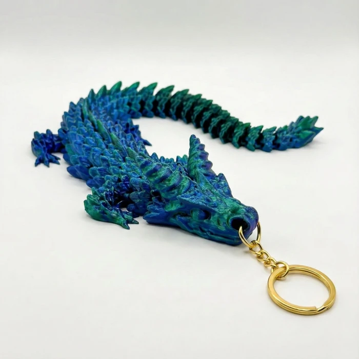 Sihirli Renk Değiştiren Hareketli Ejderha Fidget Anahtarlık - İpek Yeşil-Mavi (Articulated Dragon)