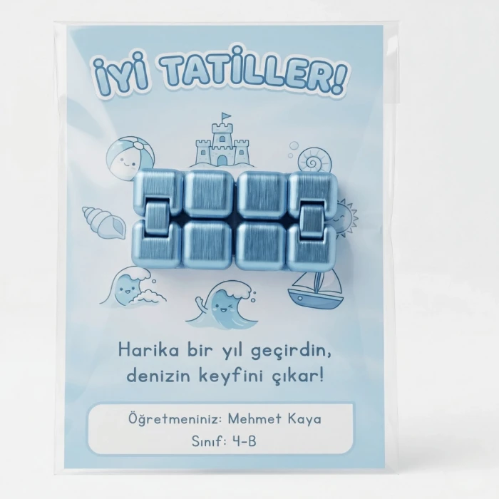 Silk Mavi 3D Sonsuz Küp Fidget – Karne Hediyesi | Öğretmenden Öğrenciye Sınıf Hediyesi | Tatil Temalı İsim Kartlı