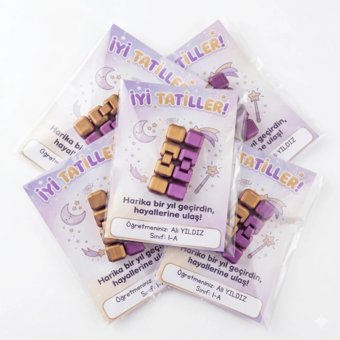 Silk Violet Altın 3D Sonsuz Küp Fidget – Karne Hediyesi | Öğretmenden Öğrenciye Sınıf Hediyesi | Tatil Temalı İsim Kartlı
