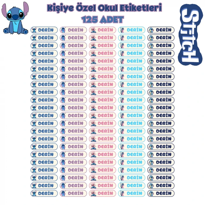 Stitch Kişiye Özel Okul Etiketleri - 125 Adet İsimli Sticker Seti