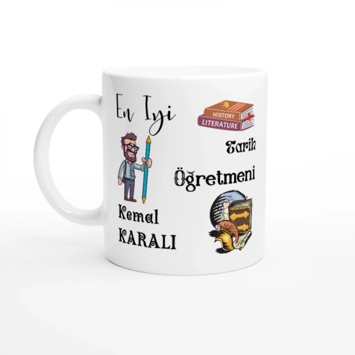 TARİH ÖĞRETMENİ HEDİYESİ – KİŞİYE ÖZEL PORSELEN KUPA BARDAK, ÇİFT TARAF BASKILI, 300 ML, KUTULU