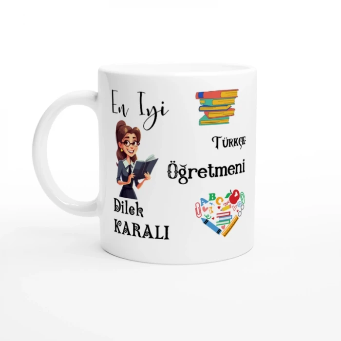 TÜRKÇE ÖĞRETMENİ HEDİYESİ – KİŞİYE ÖZEL PORSELEN KUPA BARDAK, ÇİFT TARAF BASKILI, 300 ML, KUTULU