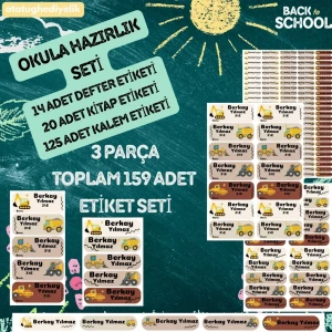 159 Parça Okula Hazırlık Etiket Seti - Kişiye Özel Kitap, Defter ve Kalem Etiketi (İnşaat Temalı)