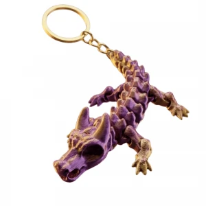 Eklemli Ejderha Kafatası Anahtarlık & Fidget Oyuncağı - Metalik Mor ve Altın, Lüks 3D Baskı