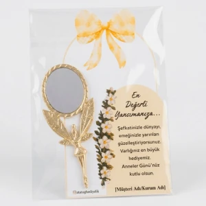 3lü Paket: Kurumsal ve Okullara Özel Tasarım Kartlı Gold Metal Melek Ayna