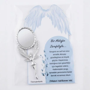 3lü Paket: Kurumsal ve Okullara Özel Tasarım Kartlı Gümüş Metal Melek Ayna