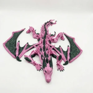 Atatug Dev Boy İpeksi Fuşya ve Simli Yeşil Kanatlı Ejderha Figürü - 23x23 cm 3D Baskı Hediye