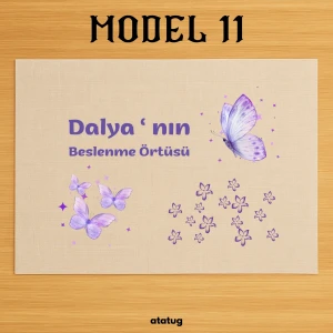 Kişiye Özel Mor Kelebek ve Çiçek Tasarımlı Keten Beslenme Örtüsü (28x40 cm)