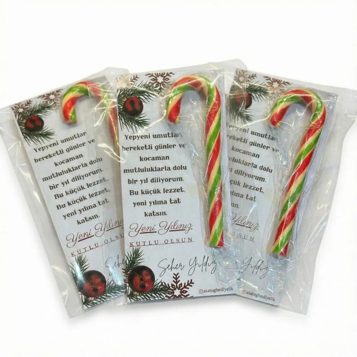 Baston Şekerli Özel Tasarım Yeni Yıl Kutlama Kartı (20x9.5 cm) 1 Adet