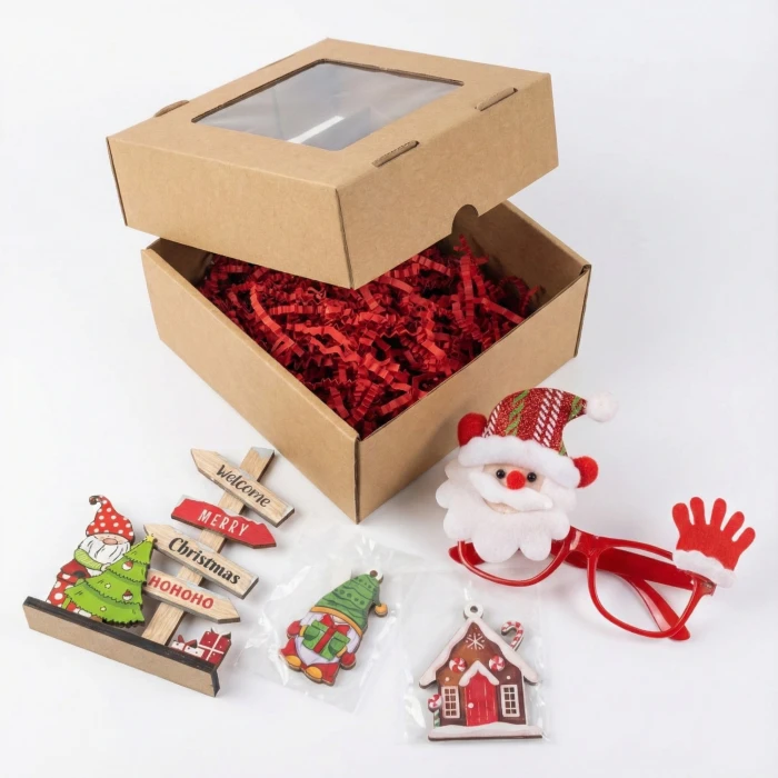 Eğlenceli Yılbaşı Konsept Hediye Seti: Noel Baba Gözlük & Ahşap Masa Süsü (Özel Pencereli Kutu)