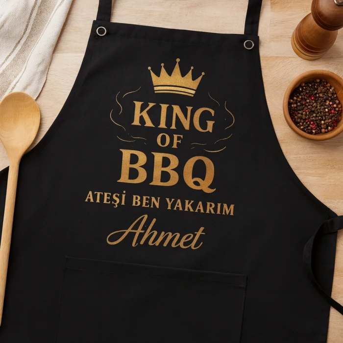 King of BBQ – Ateşi Ben Yakarım (İsme Özel Siyah Mutfak Önlüğü)