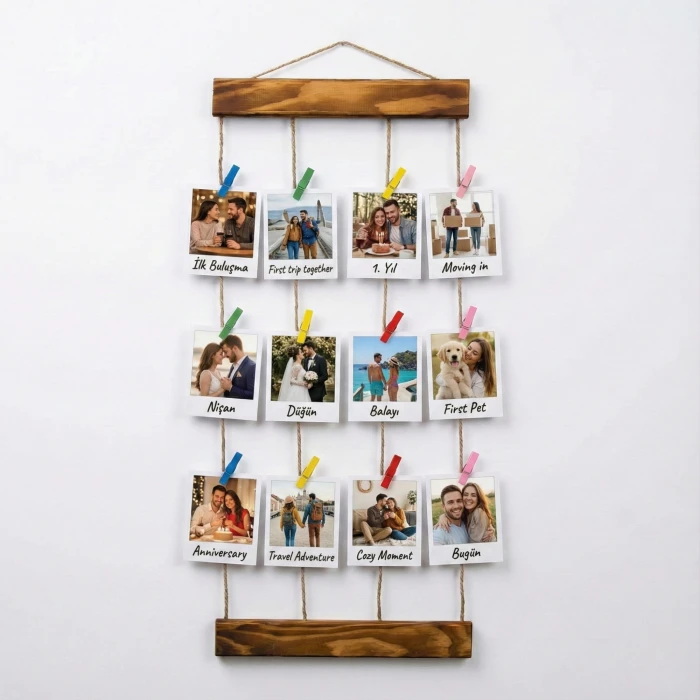 Kişiye Özel 12 Fotoğraf Baskılı Ahşap İpli Mandallı Duvar Panosu (25x57 cm) - 1 Yaş & Sevgili & Arkadaş & Aile Konseptli