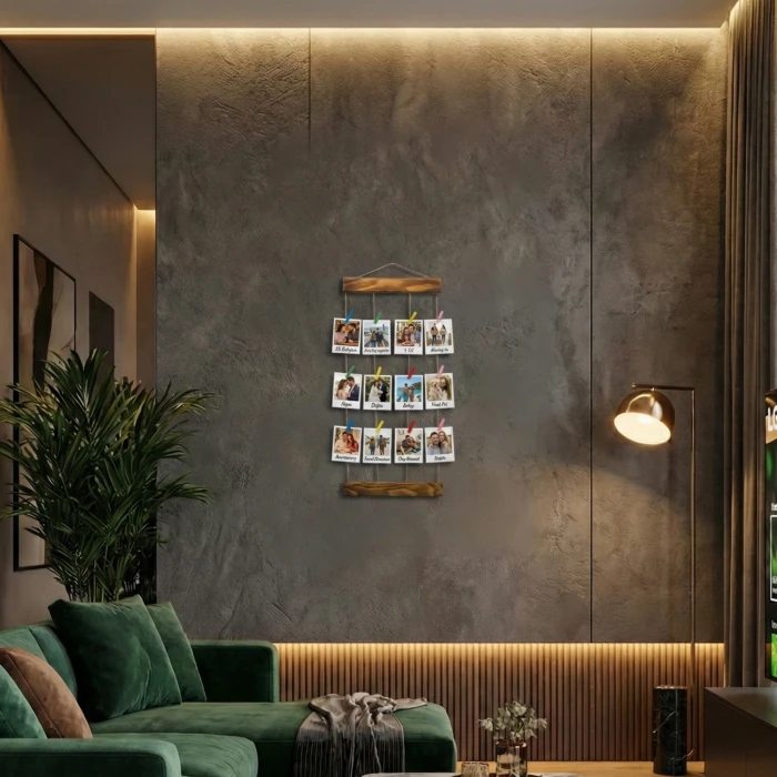 Kişiye Özel 12 Fotoğraf Baskılı Ahşap İpli Mandallı Duvar Panosu (25x57 cm) - 1 Yaş & Sevgili & Arkadaş & Aile Konseptli