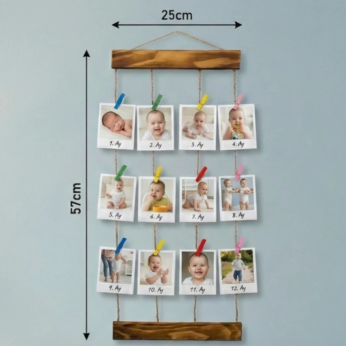 Kişiye Özel 12 Fotoğraf Baskılı Ahşap İpli Mandallı Duvar Panosu (25x57 cm) - 1 Yaş & Sevgili & Arkadaş & Aile Konseptli