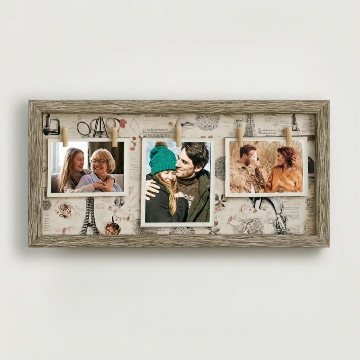 Kişiye Özel 3 Fotoğraflı İpli ve Mandallı Ahşap Dekoratif Çerçeve (42x22 cm)