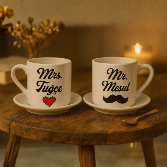 Kişiye Özel Çift Kahve Fincanı Seti – İsim Baskılı Porselen Fincan & Tabak – Hediye Kutulu 2’li Set