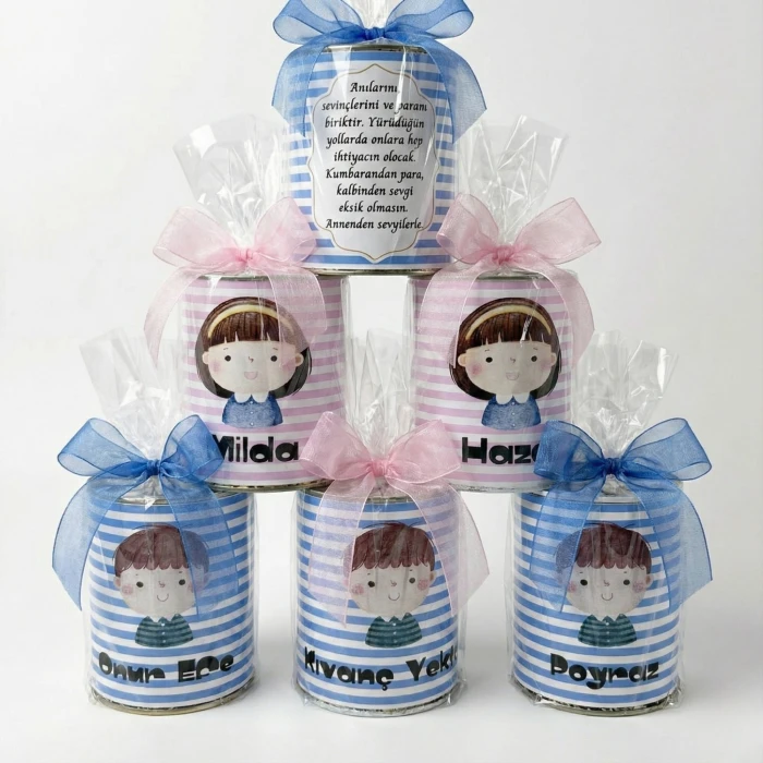 Kişiye Özel İsimli ve Mesajlı Çocuk Kumbarası - Hediye Paketli (Jelatin & Kurdele Süslemeli)