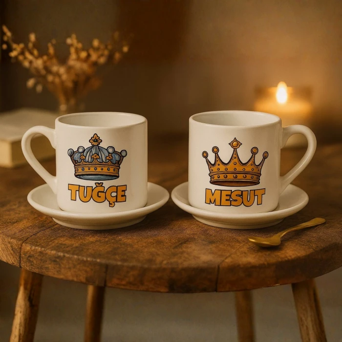 Kişiye Özel Kral & Kraliçe Kahve Fincanı Seti – İsim Baskılı Porselen 2’li Set – Hediye Kutulu
