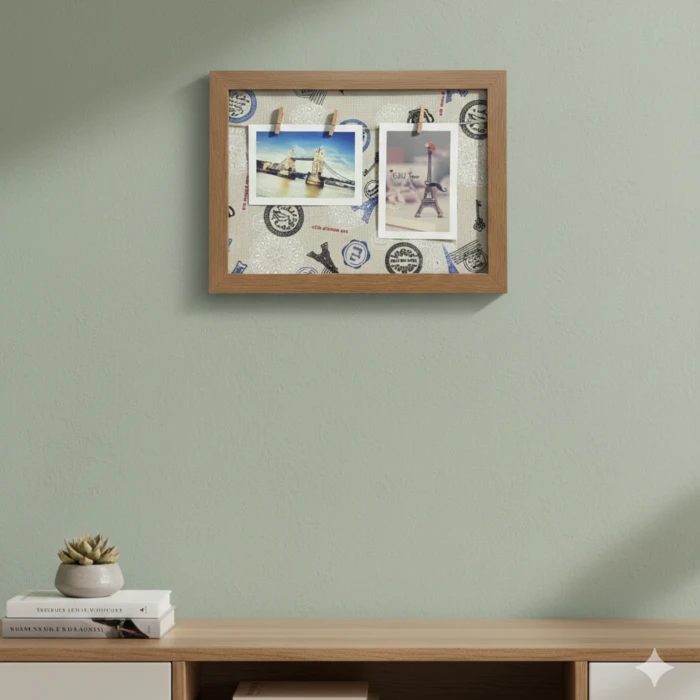 Vintage Desenli Ahşap İpli Fotoğraf Çerçevesi ve 2 Adet Mandal - Dekoratif Anı Panosu