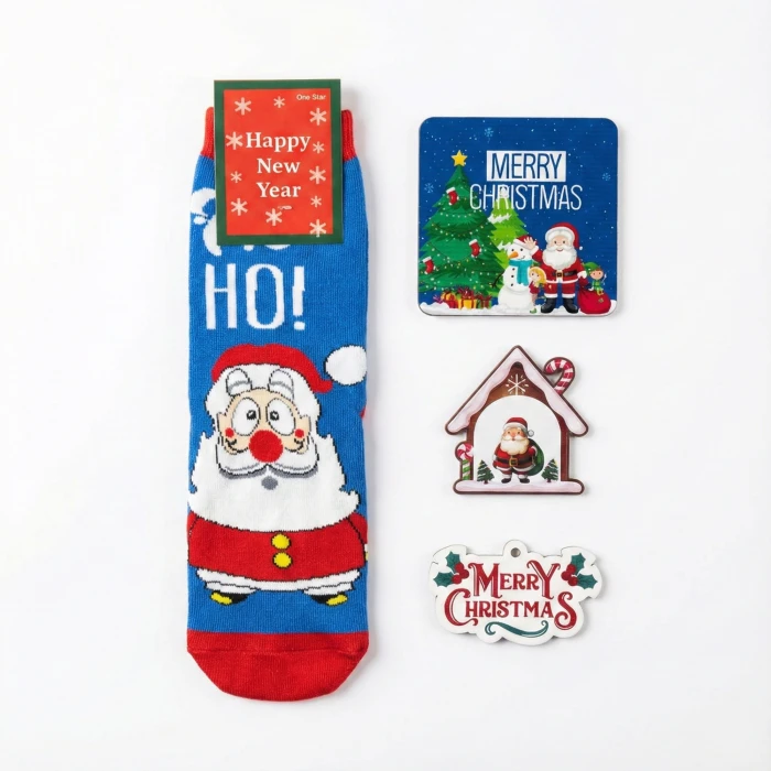 Yılbaşı Özel Hediye Seti - Noel Baba Temalı Çorap, Bardak Altlığı ve Ağaç Süsleme Paketi