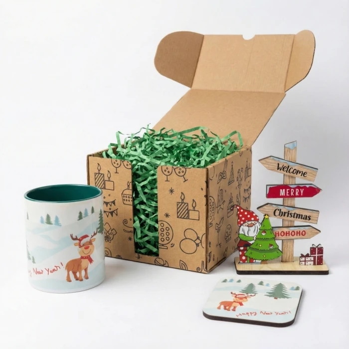 Yılbaşı Özel: Kış Masalı Geyikli Kupa, Bardak Altlığı ve Ahşap Dekor Hediye Seti