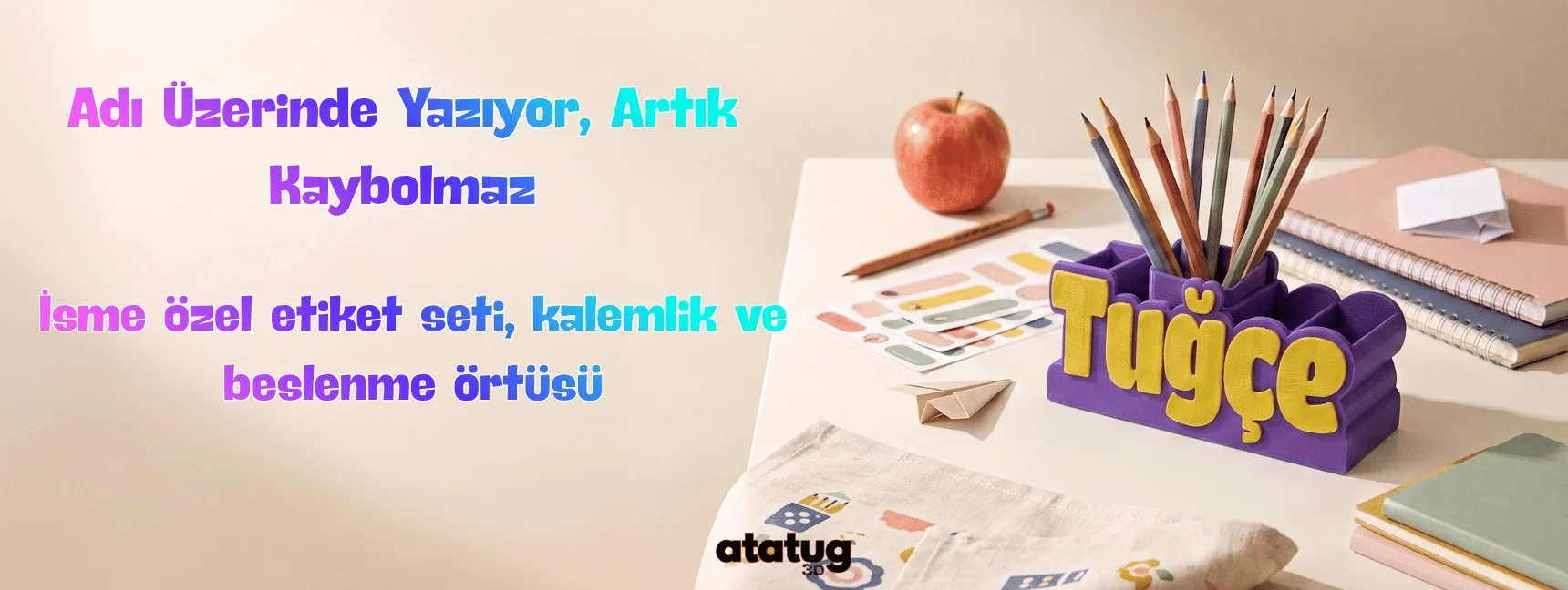 Okula dönüş hediyeleri: isme özel okul etiketi, beslenme örtüsü ve kumbara