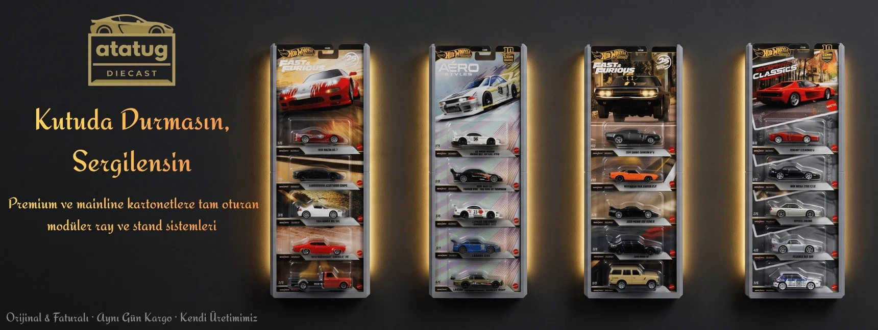1/64 diecast model araba koleksiyonu ve 3D baskı sergileme rayı