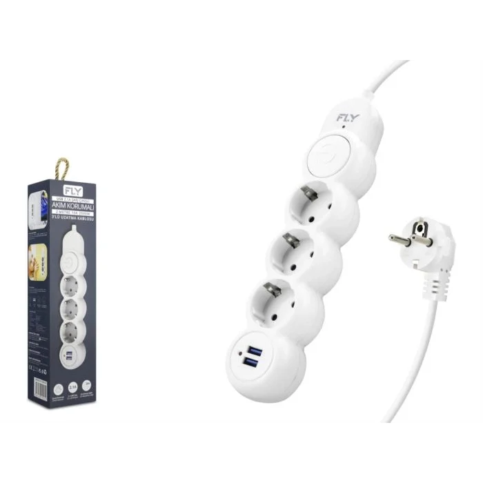 Priz 3 Lü 2 Usb 2 Metre Akım Korumalı FLY 3393-01 Beyaz