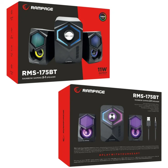 Hoparlör Ses Sistemi Gaming 2+1 5Wx2 Bluetooth+USB+TF+FM Rainbow Aydınlatmalı Rampage RMS-175BT