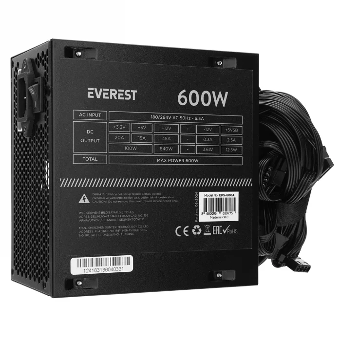 Power Supply Oyuncu ATX Peak 600W 12cm Fan Everest EPS-600A
