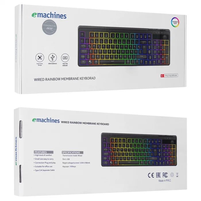 Klavye Oyuncu Rainbow Aydınlatmalı Type-C Acer eMachines EAK860 Siyah