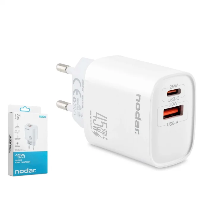 Şarj Adaptörü Type-C + Usb Çıkış 45 W Hızlı Şarj Nodar ND1013