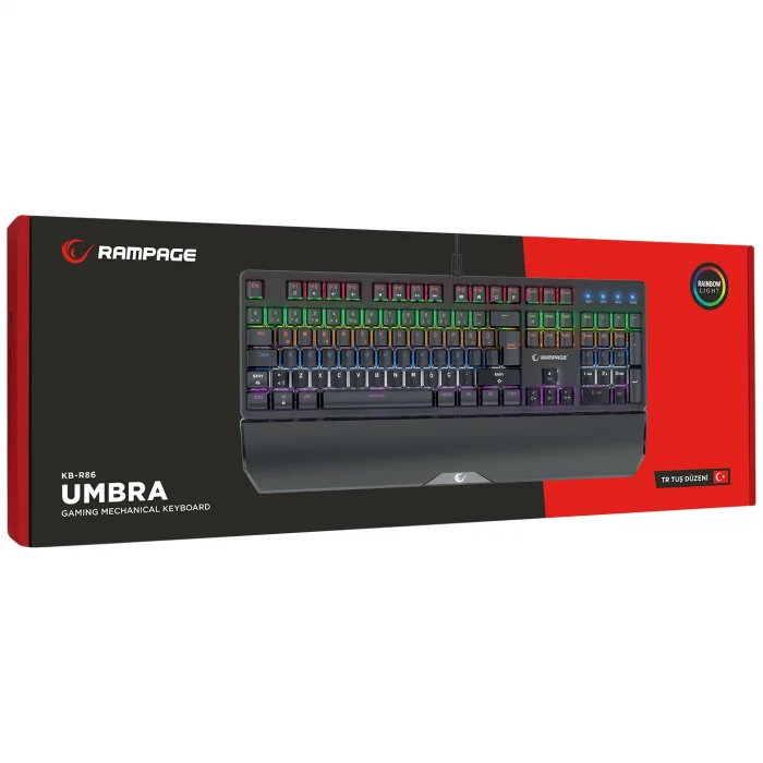 Klavye Q Oyuncu Blue Switch Rainbow Aydınlatmalı Rampage KB-R86 Umbra Siyah