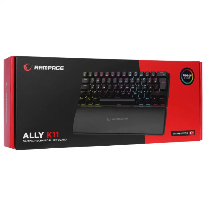 Klavye Q Oyuncu Red Switch Rainbow Aydınlatmalı Bilek Destekli Rampage ALLY K11 Siyah