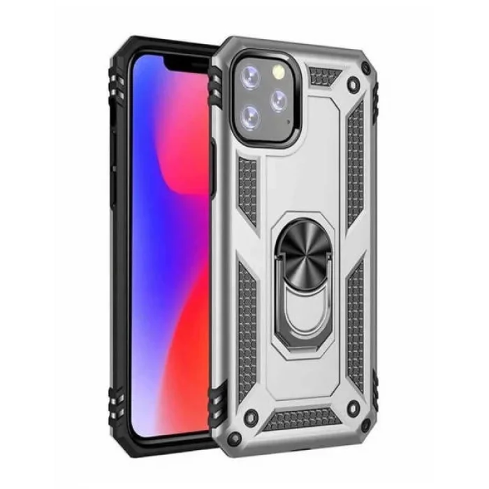 İphone 11 Pro Kılıf Standlı Yüzüklü Cross Silikon Gri