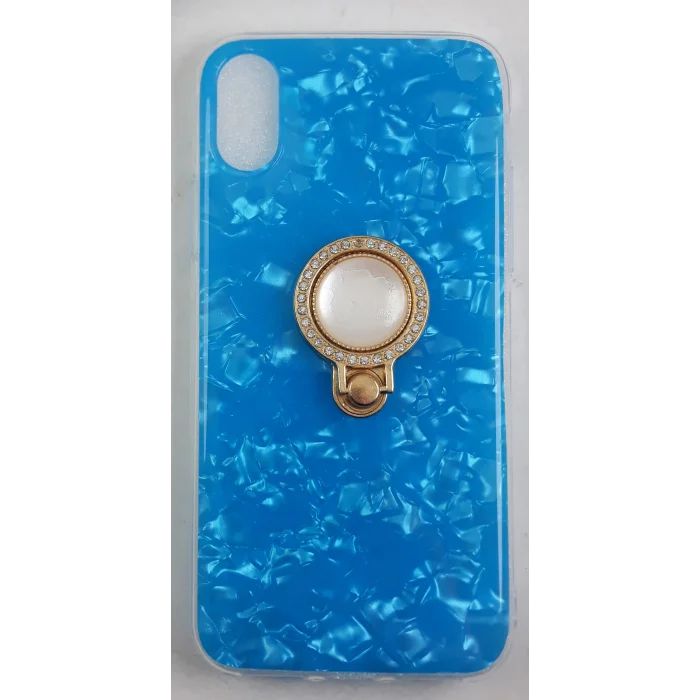 İphone X Ve XS Kılıf Yüzüklü Taşlı Renkli İnci Mavi