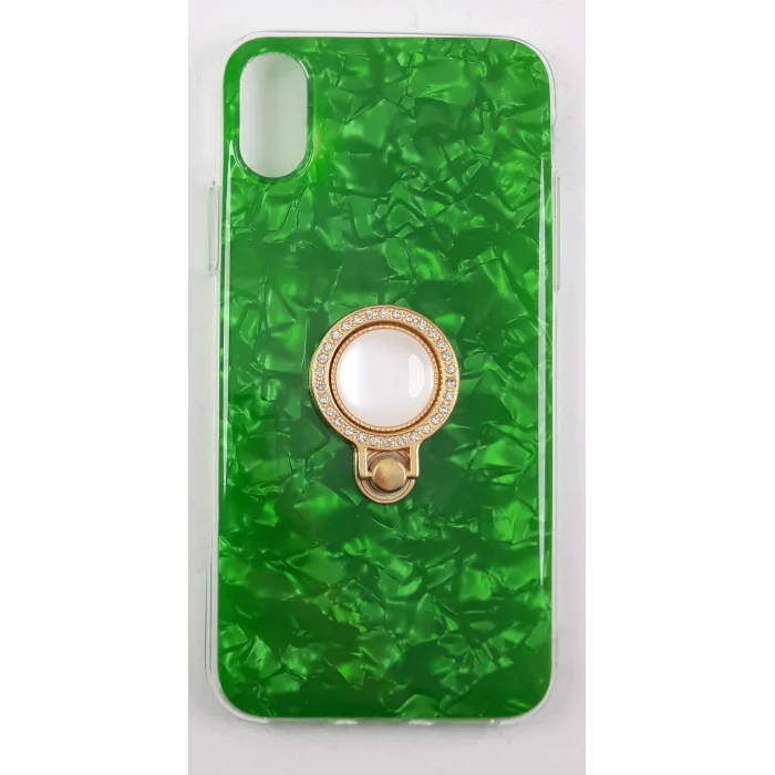 İphone X Ve XS Kılıf Yüzüklü Taşlı Renkli İnci Yeşil
