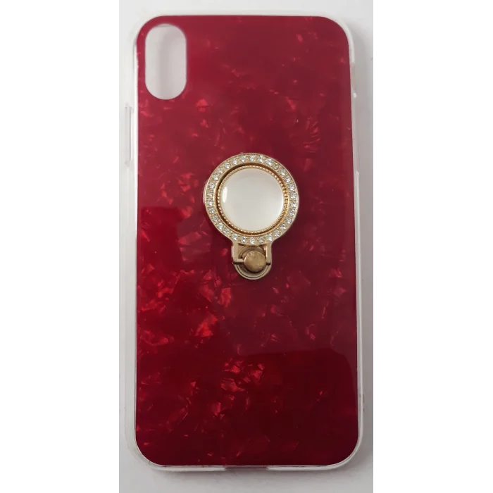 İphone XR Kılıf Yüzüklü Taşlı Renkli İnci Kırmızı