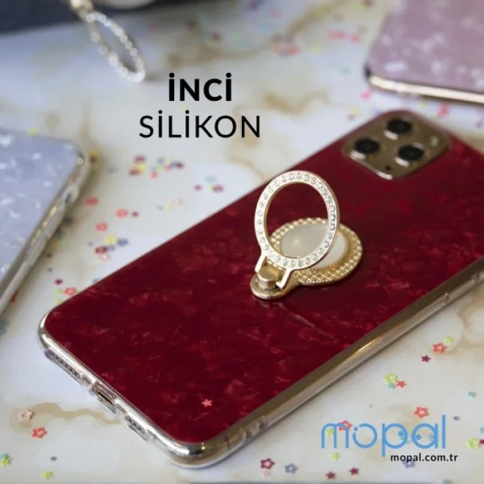 İphone XR Kılıf Yüzüklü Taşlı Renkli İnci Kırmızı