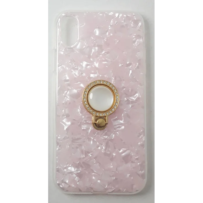 İphone XR Kılıf Yüzüklü Taşlı Renkli İnci Pembe