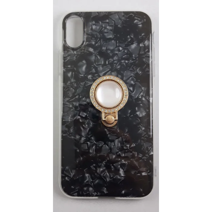 İphone XR Kılıf Yüzüklü Taşlı Renkli İnci Siyah