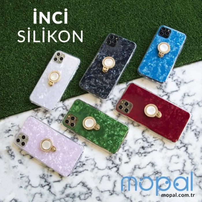 İphone XR Kılıf Yüzüklü Taşlı Renkli İnci Siyah