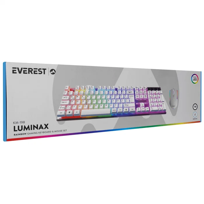 Klavye Mouse Set Oyuncu Gökkuşağı Aydınlatmalı Everest KM-198 Luminax Beyaz