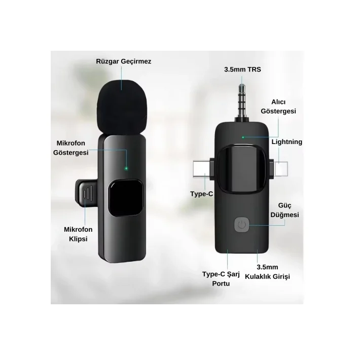 Mikrofon Yaka 2 Adet Kablosuz Type-c Lightning Aux 3 İn 1 Platoon PL-2452