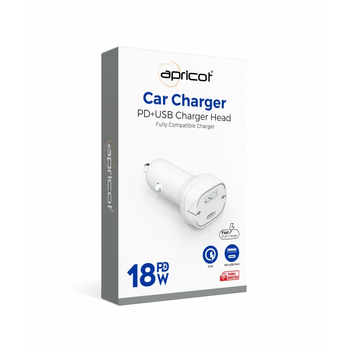 Şarj Aleti Araç 2 Port 18W PD + USB Apricot APC-CC18 Beyaz