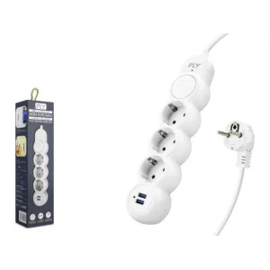 Priz 3 Lü 2 Usb 2 Metre Akım Korumalı FLY 3393-01 Beyaz