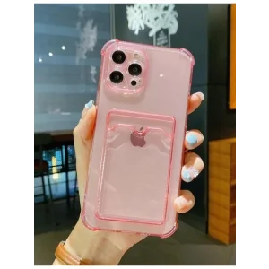 İphone 12 Pro Kılıf Kart Bölmeli Şeffaf Pembe