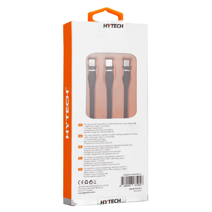 Data Ve Şarj Kablo 3 In 1 Micro+Type-C+Lightning 3A 1.2M Hytech HY-X505 Siyah