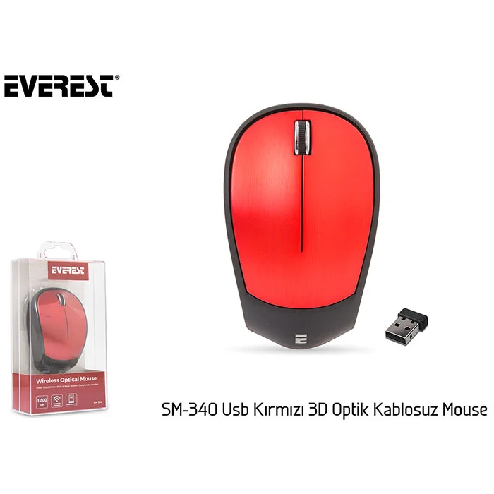 Mouse Kablosuz 3D Optik Süper Sessiz Alkalin Pilli Everest SM-340 Kırmızı