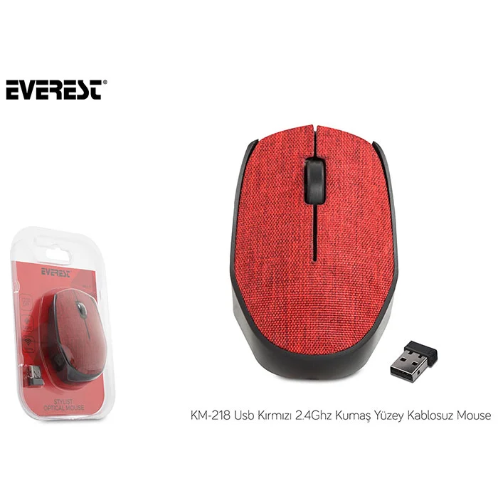 Mouse Kablosuz Kumaş Yüzey Everest KM-218 Kırmızı